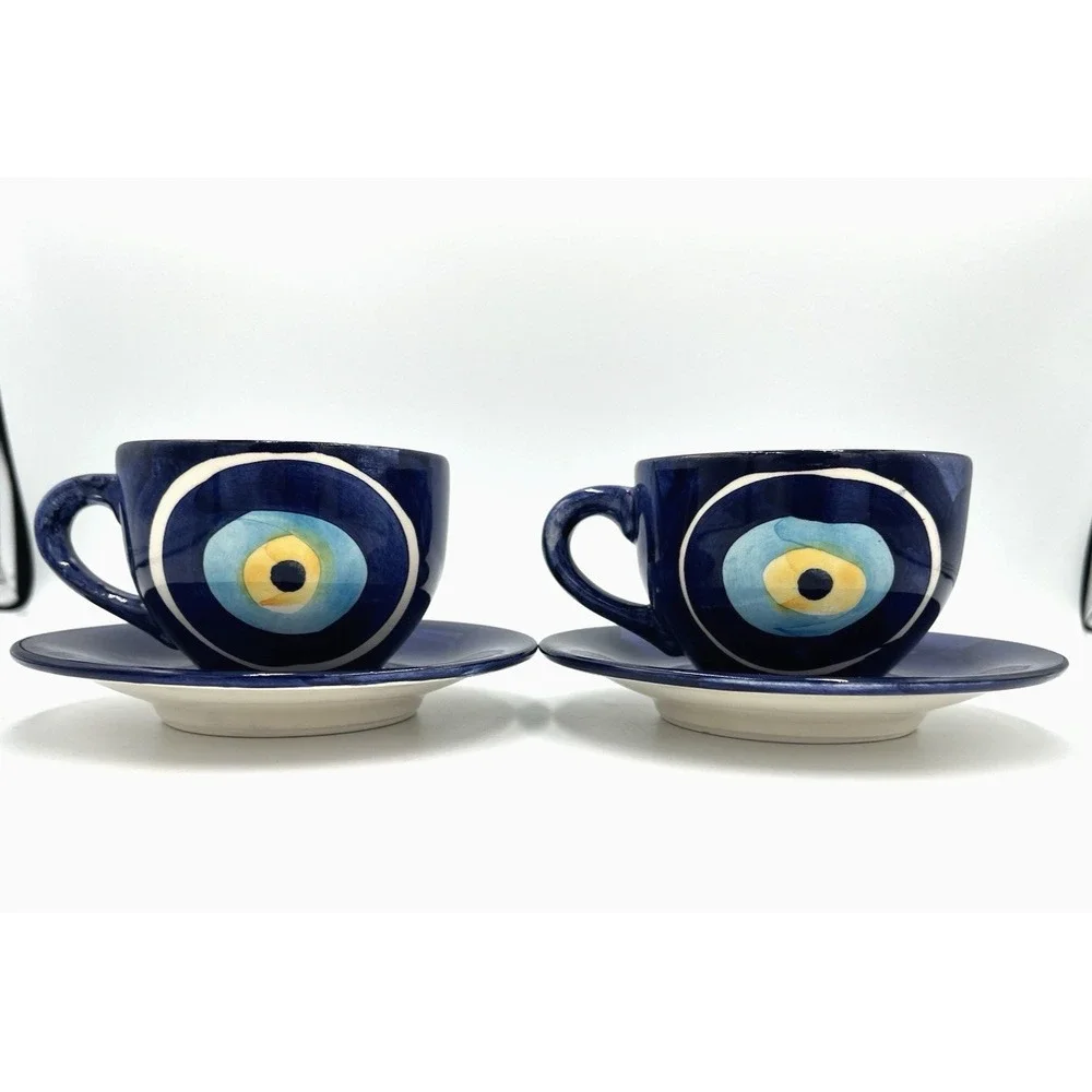 Papart Evil Eye Cup & Saucer Set Blue Nazar Mug Handpainted Ceramic